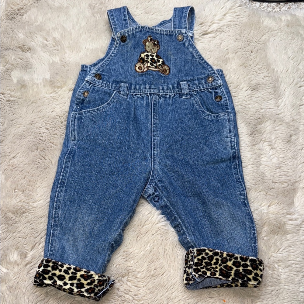 12m Vintage girls Denim Overalls with velvet Leopard Trim EUC